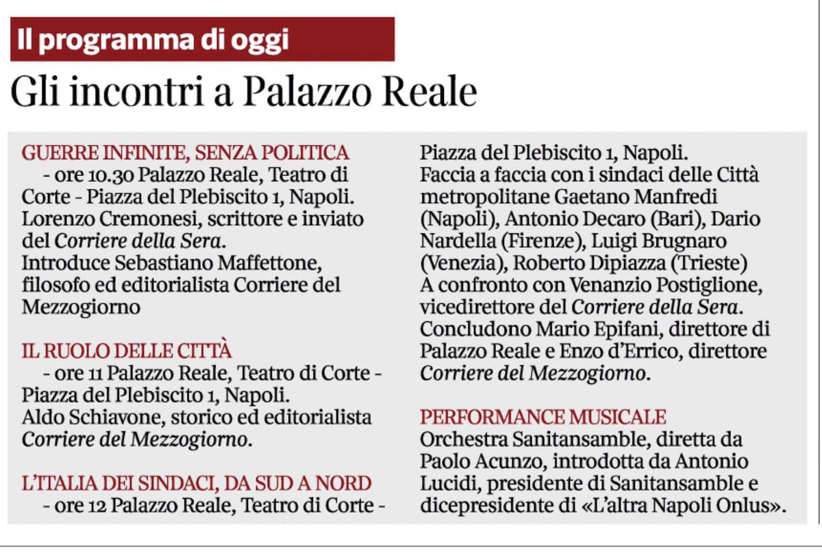 unborgodilibri's tweet photo. #sindaci oggi è il giorno dei sindaci a confronto con @venanzio_post vice direttore del @Corriere a #casacorriere. Un dibattito da non perdere nel teatro di corte, alle 12, o in streaming, di @PalazzoRealeNap 
(@RobertoDipiazza) https://t.co/BIMNTC6lVu