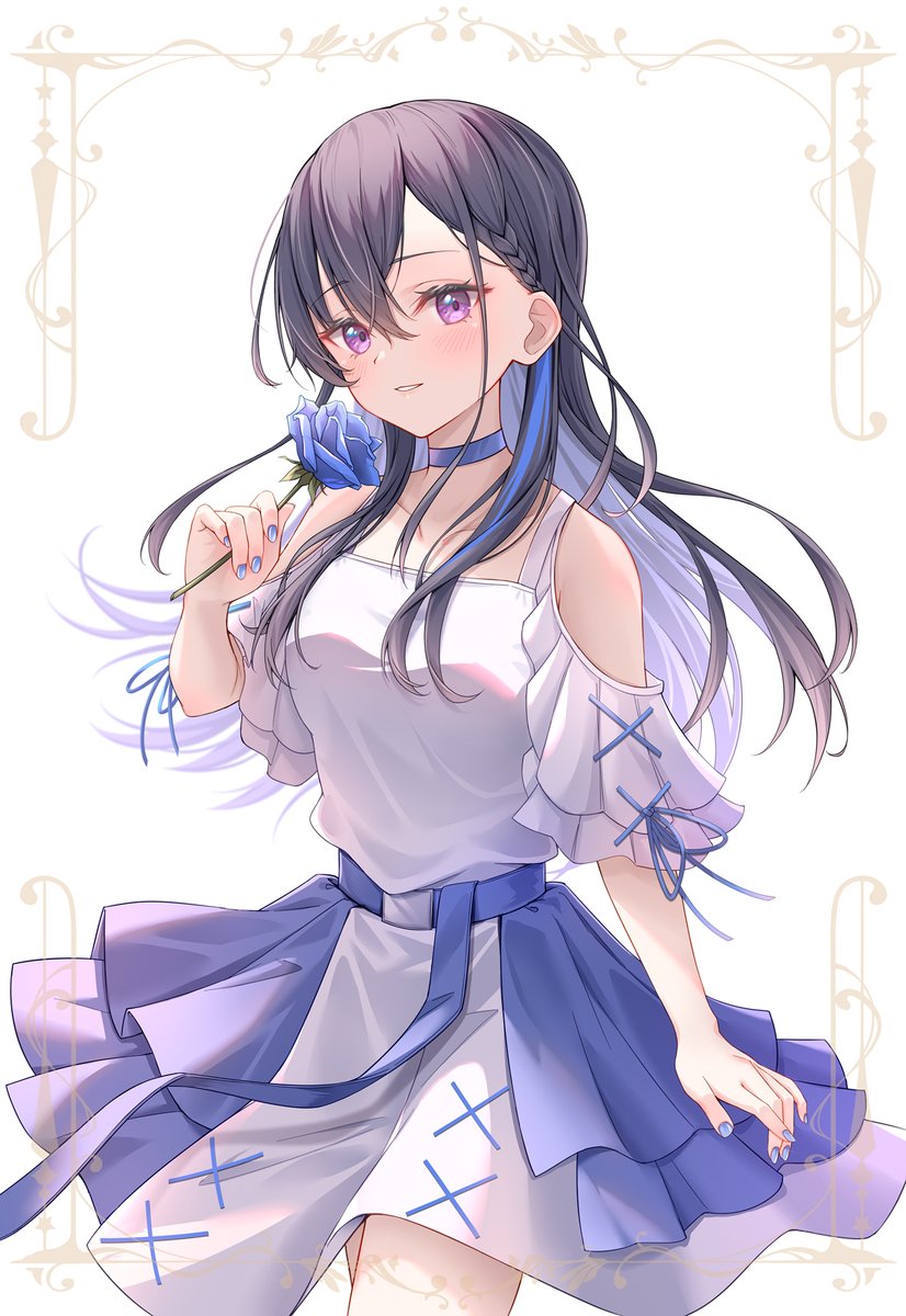 1girl solo flower long hair holding flower purple eyes holding  illustration images