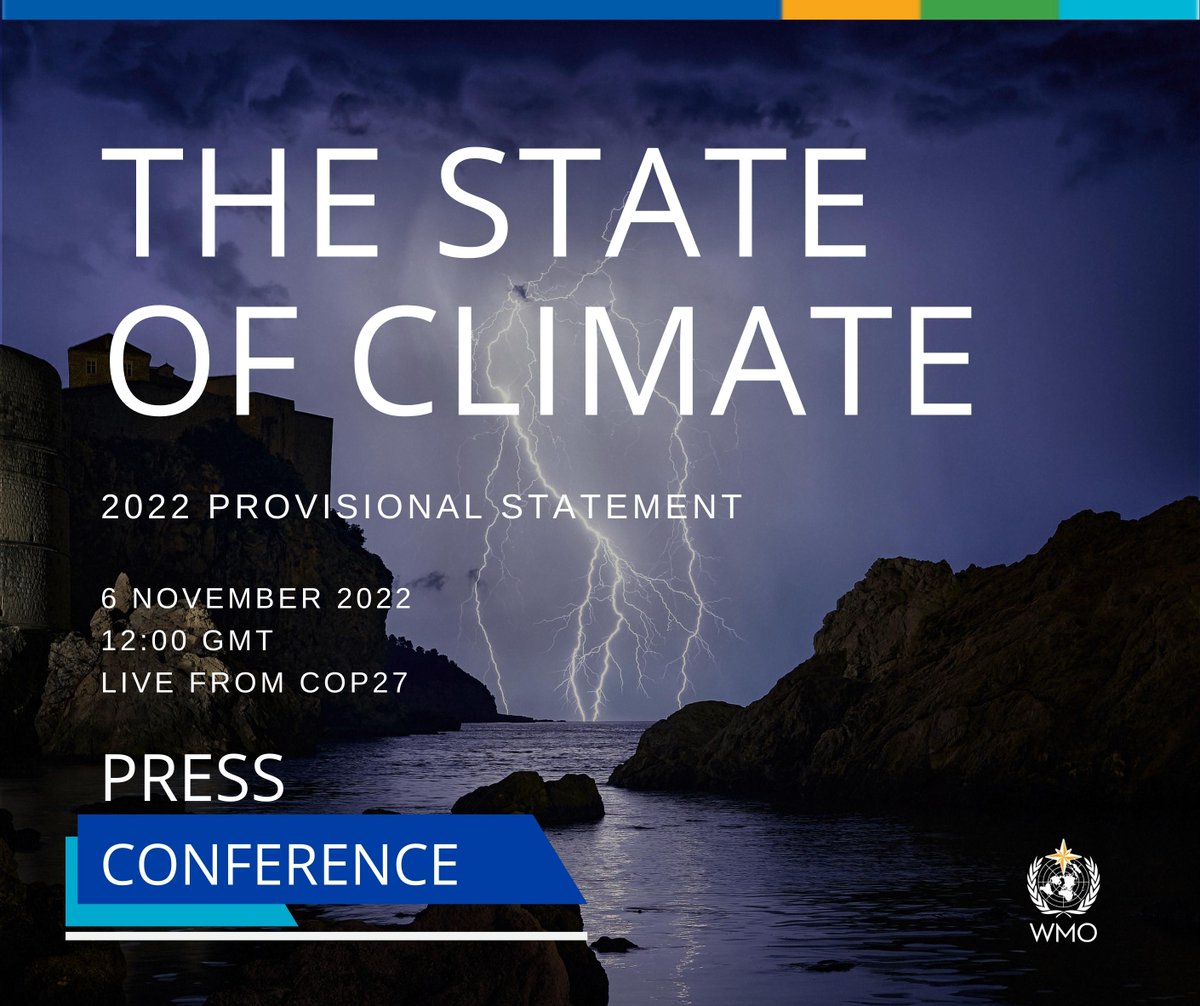 WMO's tweet photo. Today at 1200 GMT, the World Meteorological Organization will release its provisional State of the Global Climate in 2022 report.

Negotiations at #COP27 must consider the #StateOfClimate, i.e., the greater the warming, the worse the impacts.

Livestream: https://t.co/fXI9eb9bLT https://t.co/wh3jWmTw0r