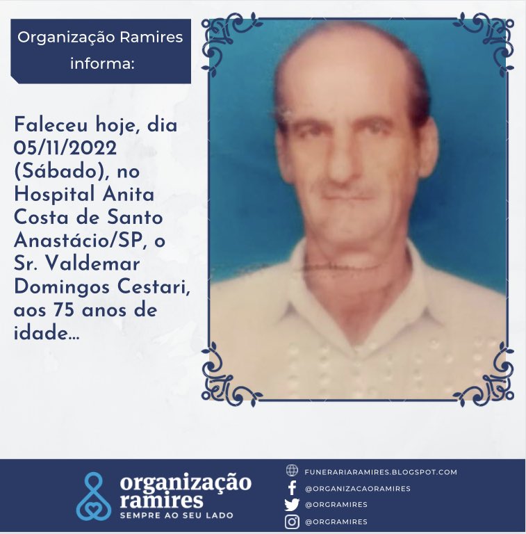 orgramires's tweet photo. Será velado no Velório Municipal de Ribeirão dos Índios, onde os familiares e amigos receberão as condolências e as últimas homenagens. O velório terá início neste sábado, dia 05/11, às 23:30. Sepultamento será também neste dia 06/11/2022, às 15:00 horas, em Ribeirão dos Índios https://t.co/gBeil3eRyU