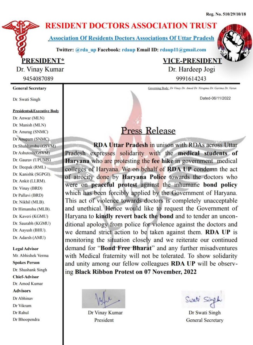 RDA_India's tweet photo. FordaIndia: RT @RDA_UP: To show #Solidarity and #Unity with our fellow colleagues, @RDA_UP will be observing BLACK RIBBON PROTEST on 7th Nov

We Resident Doctors again Appeal @cmohry to kindly intervene &amp; order to revert back the #bond 

@PMOIndia @Offic… https://t.co/9Gr5hRfnUS