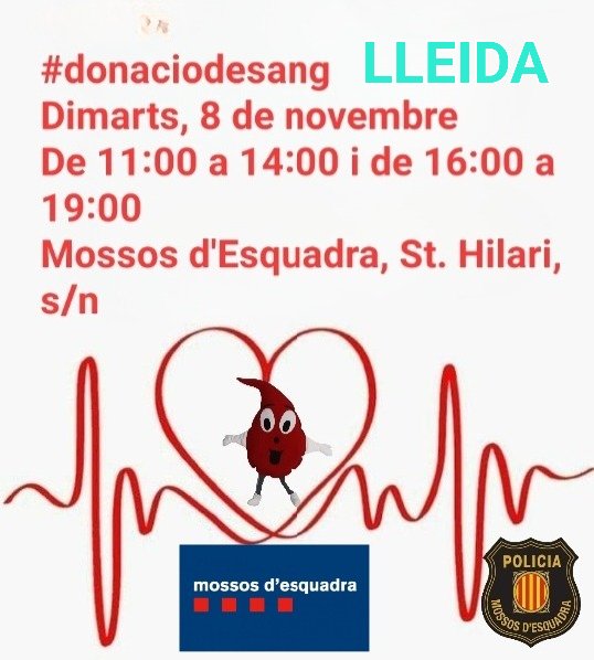 UNBALAGUERI's tweet photo. #Lleida
Dimarts, 8 de novembre de 2022
De 11:00 a 14:00 i de 16:00 a 19:00
#Mossos d'#Esquadra, St. Hilari, s/n
Apunta't a donar sang I plasma a: https://t.co/WIKA3j9nlv https://t.co/7TjzvZ6vcD