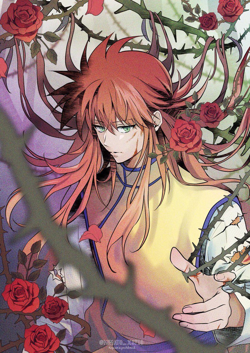 1boy thorns male focus rose flower long hair solo  illustration images