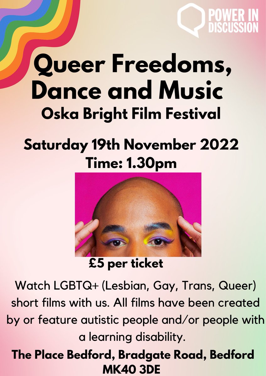 ThePlaceBedford's tweet image. You’re invited to the Oska Bright Film Festival

@InDiscussion will be working together with The Place to host a screening of a series of short films which focus on stories of LGBTQ+ autistic people &amp;amp;/or those with a learning disability.

Sat 19 Nov 1.30pm
bit.ly/OskaBright