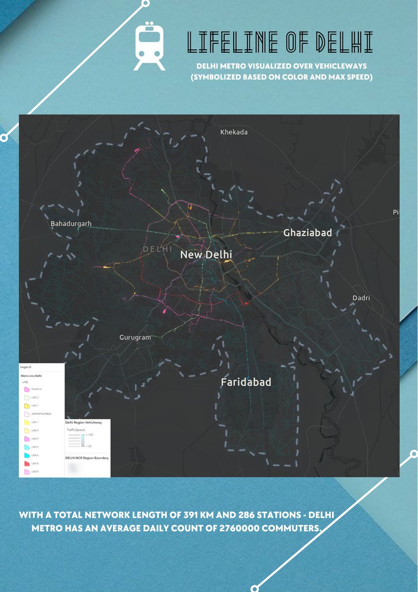 th8lfcguy's tweet photo. Day 6 of #30DayMapChallenge - Lifeline of Delhi
Delhi-NCR Metro approx operates 5100 trips daily with a carrying capacity of 2400 passengers - keeping thousands of cars off the road.
Tools- @ArcGISOnline @canva 
Data- @DCP_DelhiMetro wiki @Esri ncrtcoffice zj3av_uvalibrary https://t.co/Y0hFNvvviL