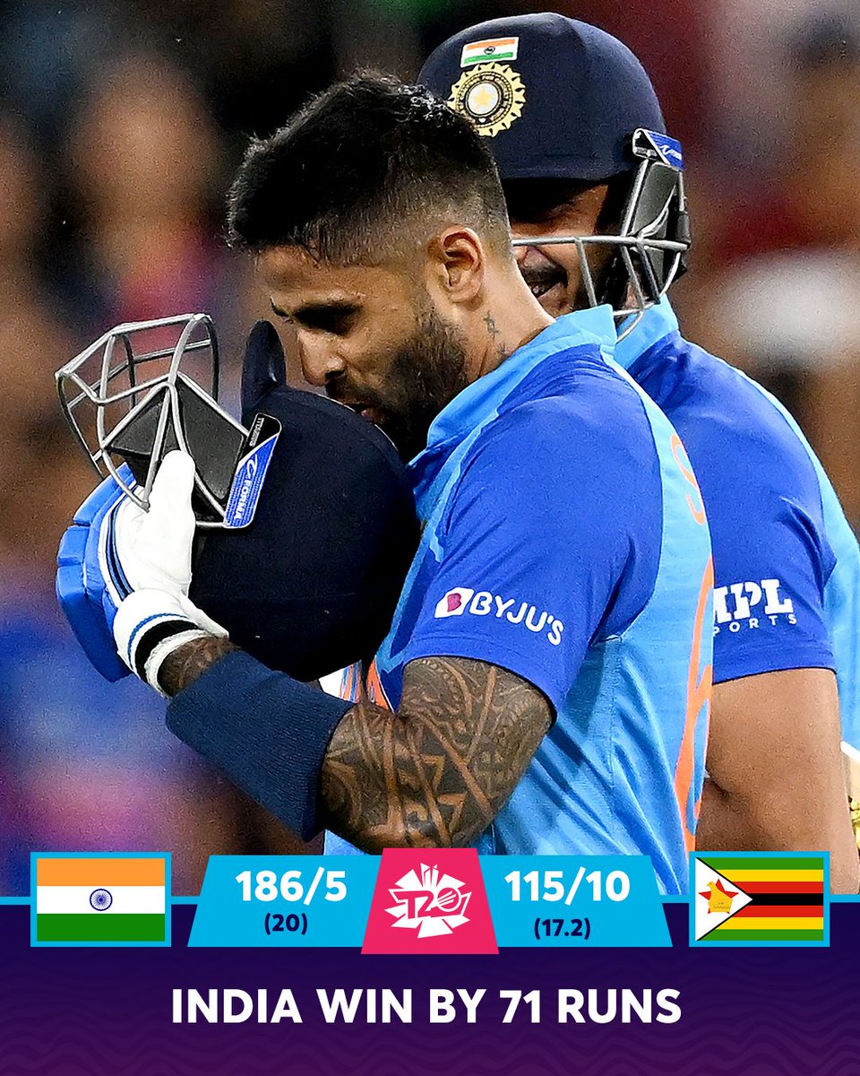 ICC's tweet photo. India complete a big win over Zimbabwe to top the Group 2 table! ⚡

They will meet England in Adelaide in the semi-final 👊

#T20WorldCup | #ZIMvIND | https://t.co/SFsHINI2PL https://t.co/J6LxEEx2Ll