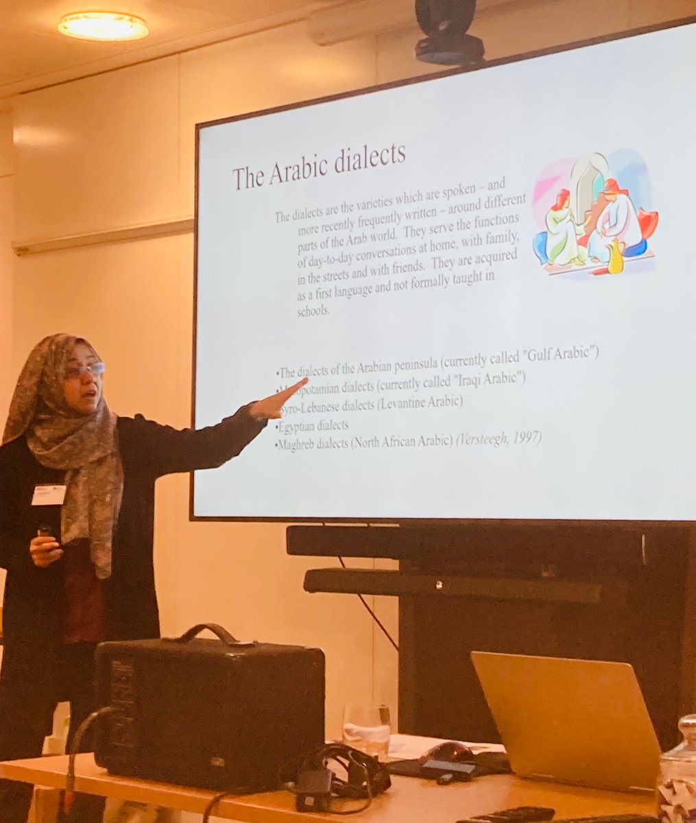 HalimaBahou's tweet image. Attending Arabic Autumn Institute organised by @britishcouncil and @QFIntl 
Photos of @BotonesSalgado presenting “giving students wings” and @rashasoliman04   
giving “an introduction to sociolinguistics and varieties of Arabic