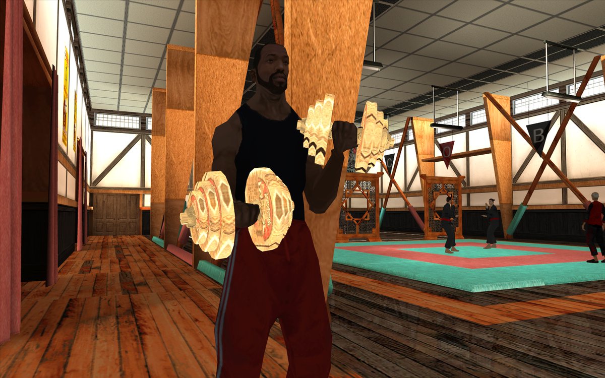 NationalPepper's tweet photo. This is PC/Xbox promotion screenshot shared by R* to press.
I still have freaking clue how they didn't see that they screwed dumbbell texture. For some odd reason, they used Cherry Popper wooden box texture. 😂 https://t.co/cBJF7tB6SS