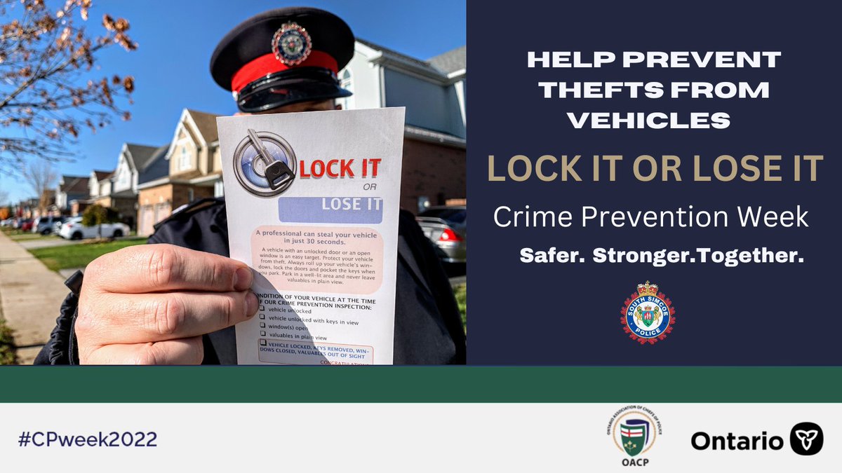 Today we are kicking off Crime Prevention Week 2022 with one of the easiest steps you can take to help prevent thefts from vehicles. Lock It OR Lose It! Secure your vehicles and remove valuables. 
#CPWeek2022
#CrimePreventionWeek
#SaferStrongerTogether