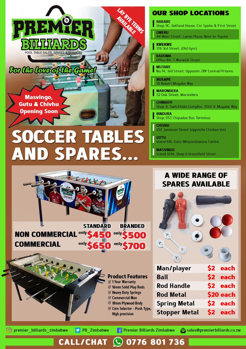 #redmarketsunday
<a href="/redmarketsunday/">Red Market Sunday</a> 
<a href="/iMisred/">MISRED</a> 
Pool Table Prices Slashed!!! Available from 12 branches across 7 provinces throughout Zimbabwe, we provide the best price and quality for Pool and Soccer Tables. Call/App Premier Billiards +263776801736