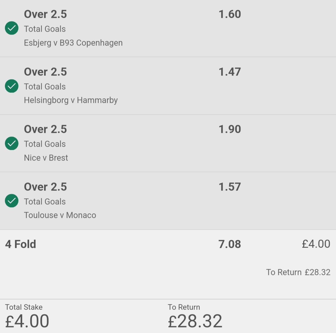 Sunday afternoon OVERS acca's