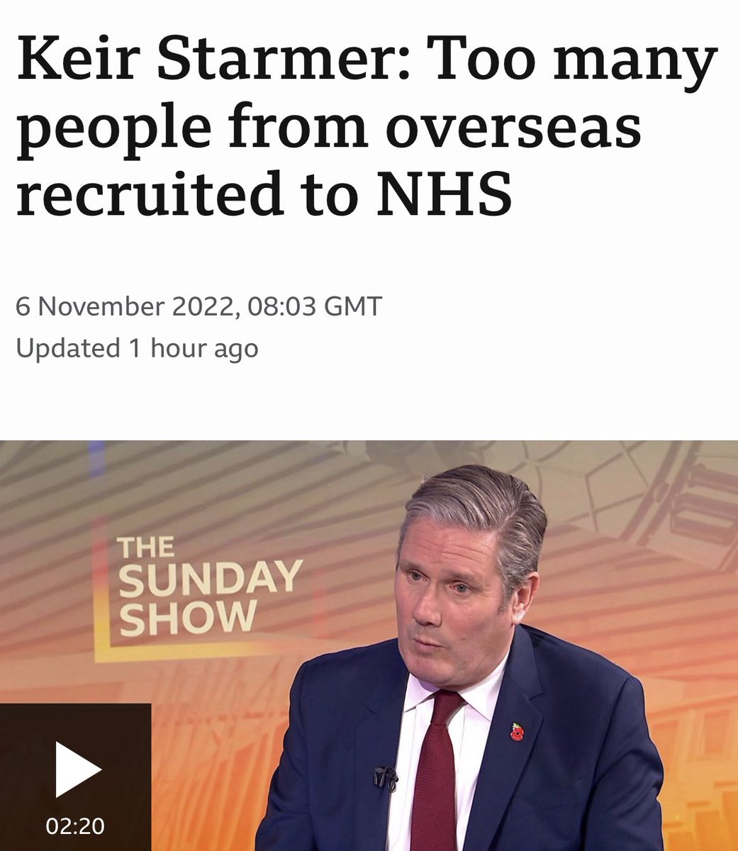 BBC Headline: Keir Starmer: Too many
people from overseas recruited to NHS
