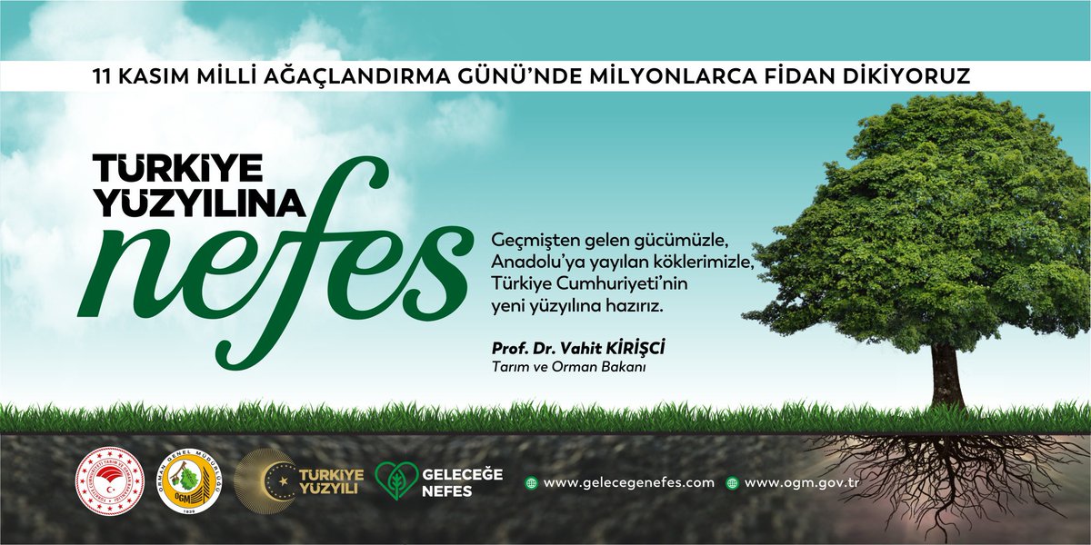 11 Kasım Millî Ağaçlandırma Günü’nün bu yılki temasını,  ‘Türkiye Yüzyılına Nefes’ olarak belirledik.

Bu yıl, 7’den 70’e hepimizin dikeceği milyonlarca fidan #TürkiyeYüzyılınaNefes olacak.

Tüm vatandaşlarımızı 81 ilimizdeki  etkinlik alanlarımıza fidan dikmeye davet ediyorum.