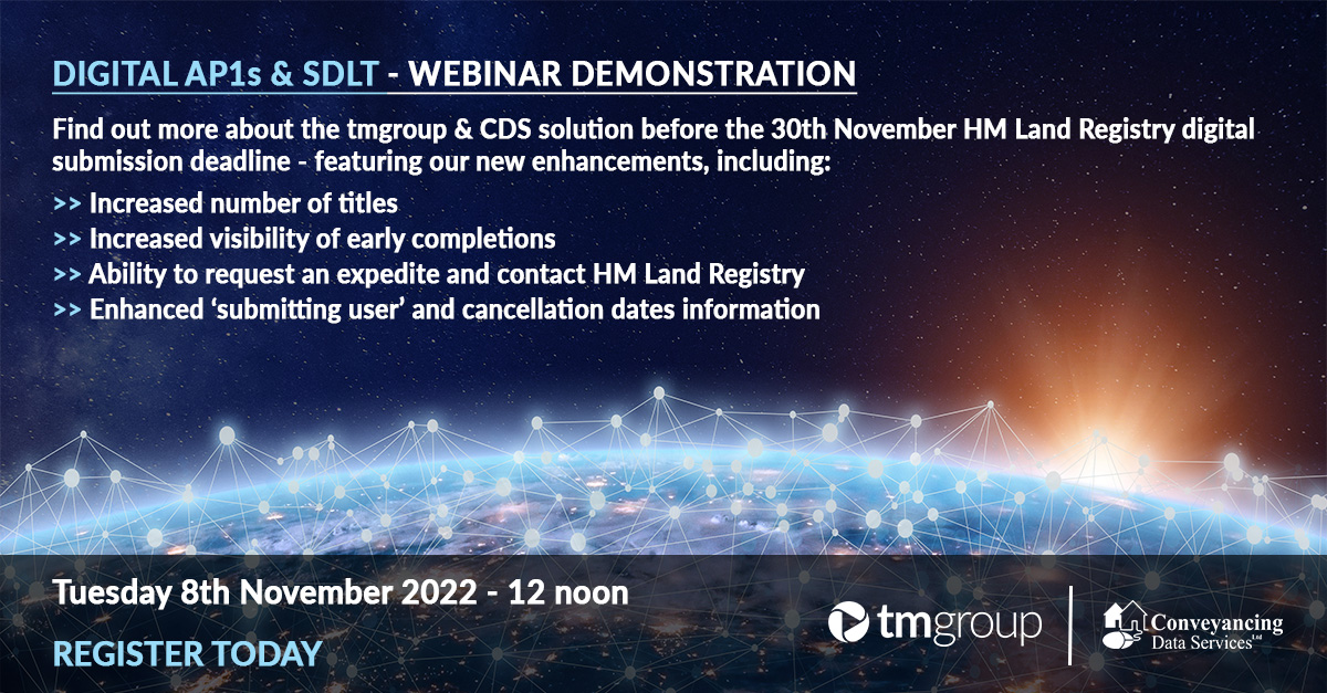 At 12 noon on November 8th we will be demonstrating the digital AP1 and SDLT solutions from tmgroup and Conveyancing Data Services (CDS).

ow.ly/U3fb50LnM1q