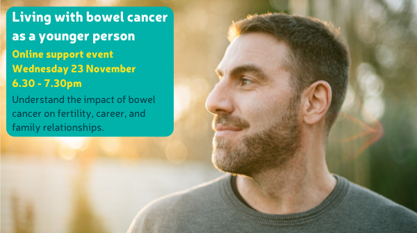 bowelcanceruk's tweet photo. Our next online support event ‘Living with bowel cancer as a younger person’ is taking place on Wed 23 Nov at 6:30-7:30pm via Zoom. Topics such as emotions, fertility, relationships &amp; family life, finances, career and lifestyle will be covered. 

Sign up: https://t.co/0VaQcL05vz https://t.co/PbYA6PjPqv