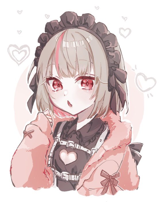 makaino ririmu 1girl solo streaked hair red eyes pink jacket heart cutout clothing cutout  illustration images