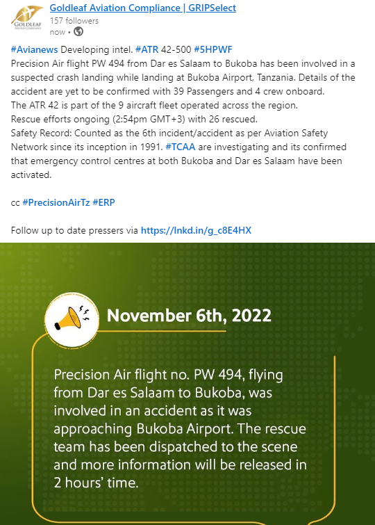 Rapid Activation of Emergency Response Plan remains critical in saving lives and coordinating rescue efforts. 
#PrecisionAirTz #PW494 Crash.