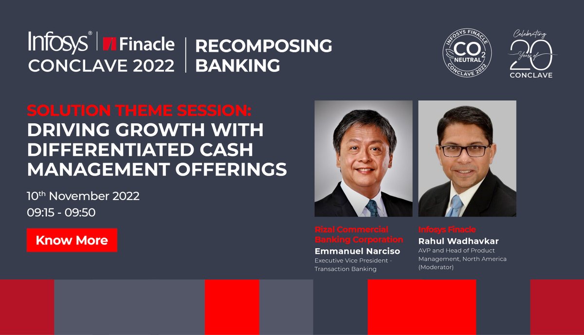 Finacle's tweet photo. In this session, Emmanuel Narciso from @askRCBC and Rahul Wadhavkar will discuss how leading banks around the world are shoring up investments, and building a modern cash management platform for the future.
https://t.co/cWTvb98GwO
#FinacleConclave #FinacleConclave2022 https://t.co/BznK0F2Tgz