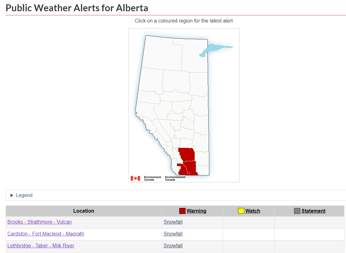 511Alberta's tweet photo. EC snowfall warning in effect for forecast areas. For full details visit: https://t.co/V25Y6bgJdq (5:11am) #ABRoads #ABStorm https://t.co/ZL8nC9lusy