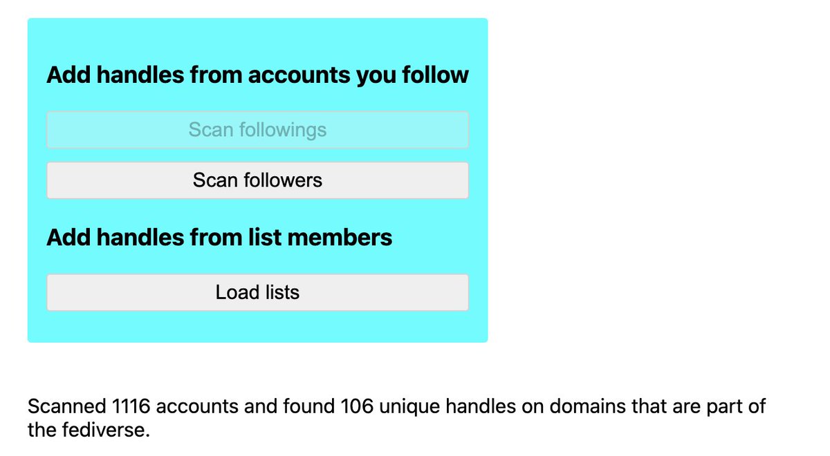 Day 6 #movember: A full 10% of the people I follow put their Mastodon handles in their twitter name or bio. fedifinder.glitch.me found them all automatically and then I just imported the CSV and now I am following them on Mastodon too.