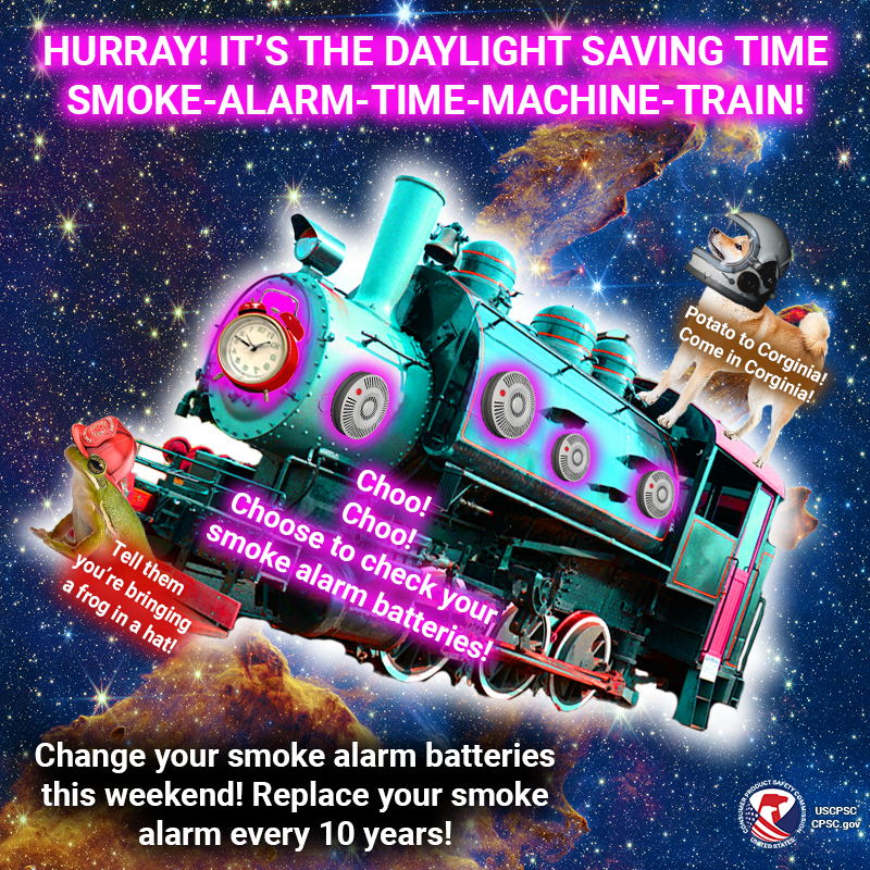 USCPSC's tweet photo. Today's the day! Check those smoke and carbon monoxide alarm batteries. Replace your smoke alarm if it's 10 years old #DaylightSavingTime https://t.co/bEf35WBn6B