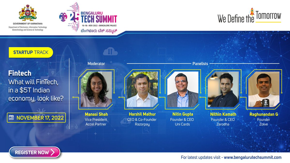 blrtechsummit's tweet photo. "What will Fintech, in a $5T economy, look like?" Get an answer to this and other pressing matters about the future of Fintech at #BTS2022 by the experts themselves. Register at https://t.co/YRDfr7i4f2 to become a part of the session.
#StartupTrack #fintech #economy #Tech4NexGen https://t.co/R0nOJaWHNs