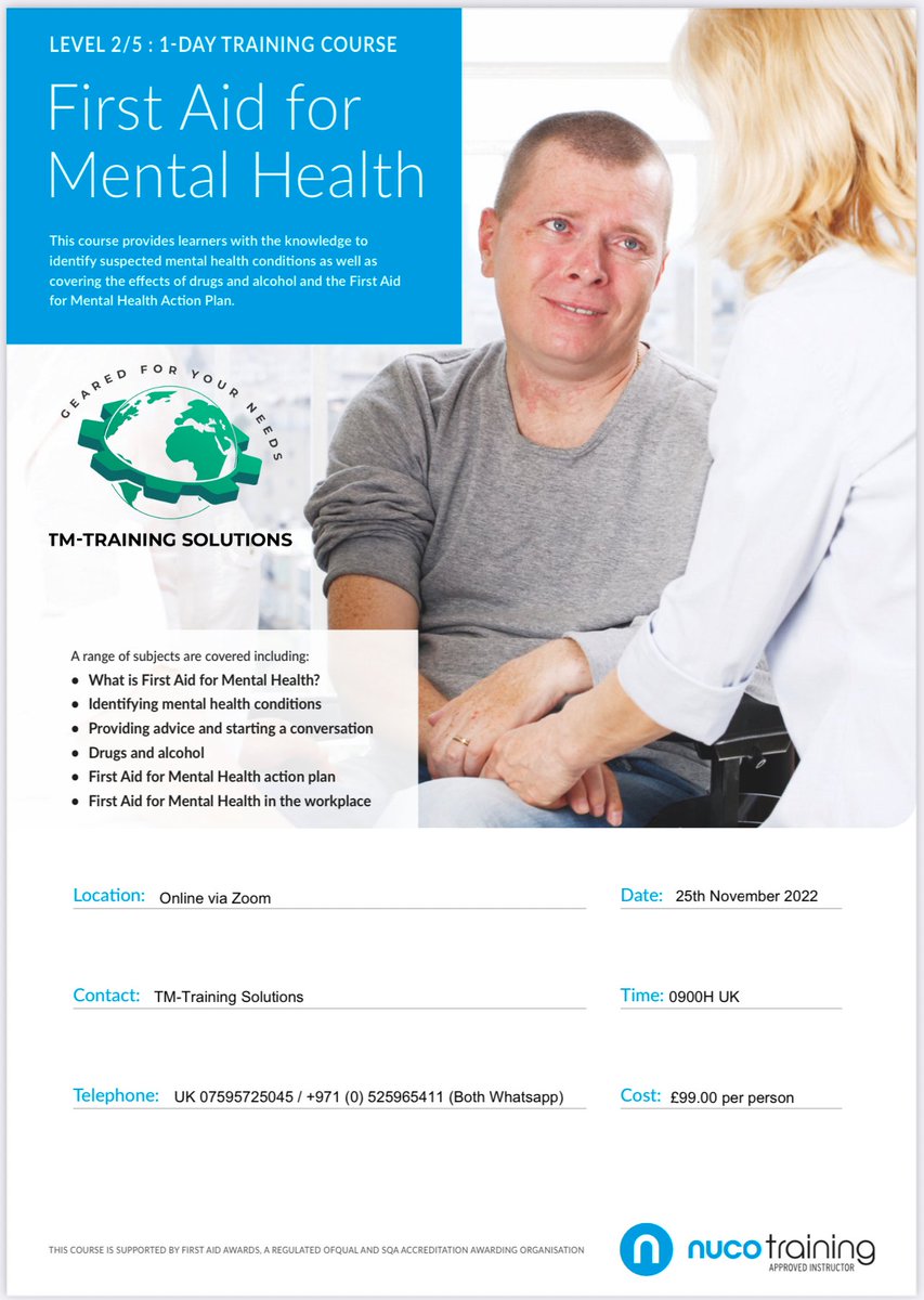 tmtrainings's tweet photo. DISTANCE LEARNING COURSE FOR #MENTALHEALTH #FIRSTAID LEVEL 2!
BOOK YOUR SPOT FOR ONLY £99!
GIVE A PRE-#CHRISTMAS GIFT FOR YOU OR YOUR LOVE ONES.
NOV. 25, 2022 - Friday
9AM - 4PM UK Time
Register with us:
https://t.co/qzBxbYs3Zr
info@tm-trainingsolutions.com #christmasgiftideas https://t.co/sIShwJ12pN