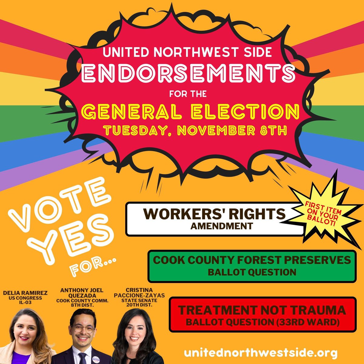 When you cast your ballot this election, make sure to VOTE YES for @ILWorkersRights, #TreamentNotTrauma in the 33rd Ward, @VoteYesFP--as well as strong progressive candidates @Delia4Congress, @AnthonyJQuezada, @CPZ4Senate!