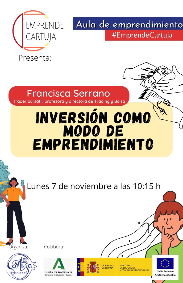 Y mañana en el #AuladeEmprendimiento de #EmprendeCartuja contaremos con la presencia de Francisca Serrano, trader bursátil ¡estaremos atentos a sus palabras! 

#FP #CyACartuja <a href="/iescartuja/">IES Cartuja</a> #Bachillerato #APEs
