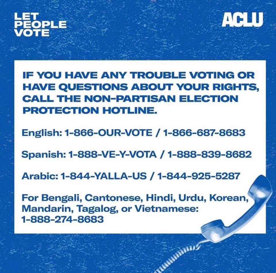 Keep this voter protection hotline from .<a href="/INDems/">Indiana Democratic Party</a> handy in case you or someone else runs into trouble at the polls today! You can also call the IN Secretary of State, your county election board, or the .<a href="/ACLUIndiana/">ACLU of Indiana</a>'s non-partisan hotline.