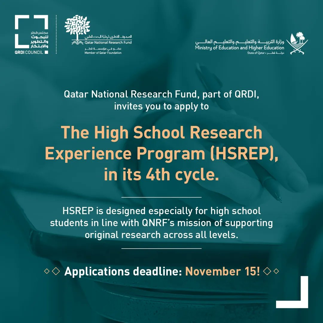 Are you a high school student, or a Primary Research Mentor/ School Coordinator?  

Apply today to become a part of Qatar’s growing research infrastructure. 
 
For more information around HSREP and to apply, please click on the link below:

qnrf.org/en-us/Funding/…

<a href="/QNRF/">QNRF</a>