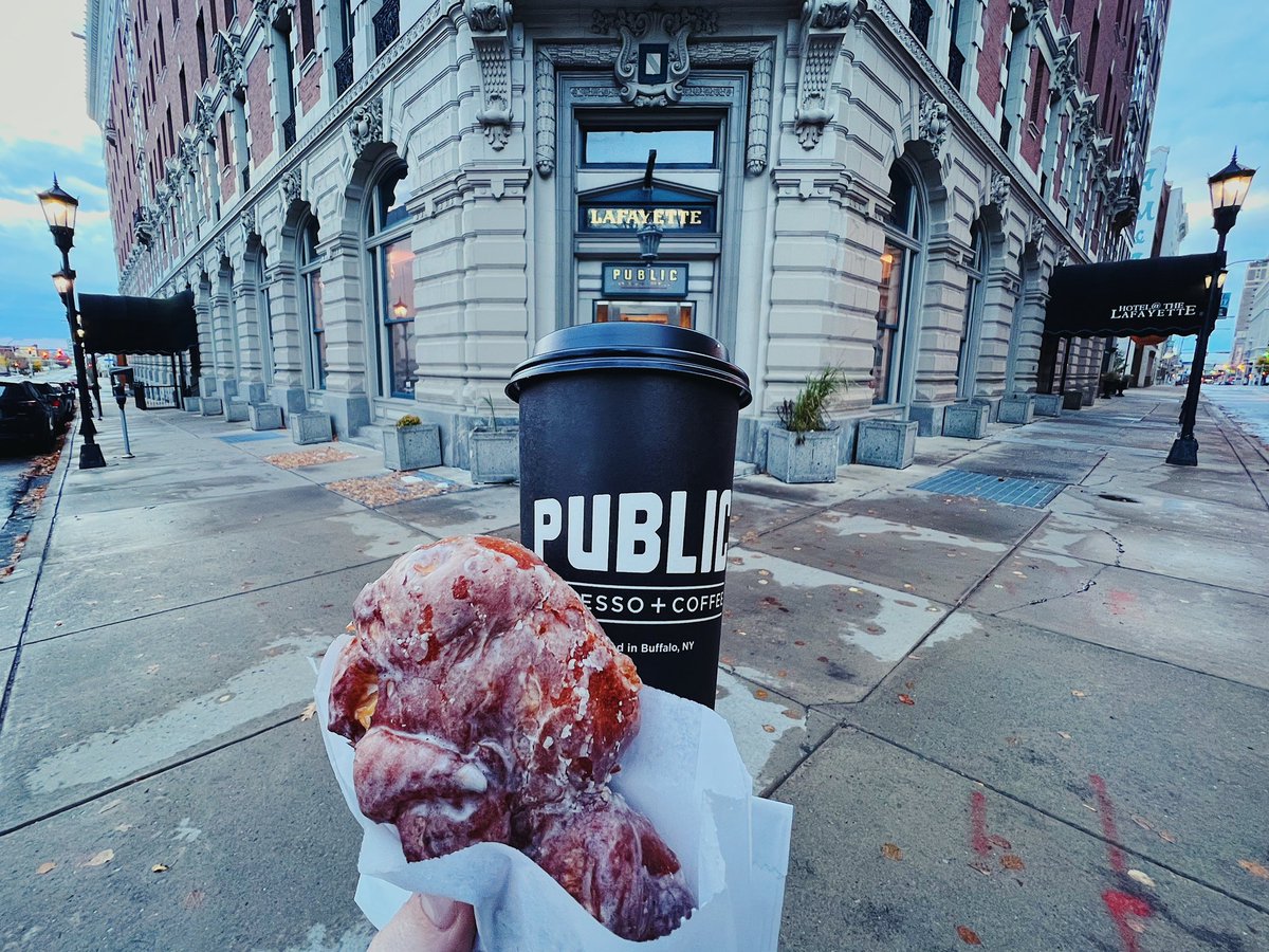 It’s Bills Sunday, we got an extra hour of sleep, and we have homemade apple fritters at both cafes today. What could be better? #publicespresso