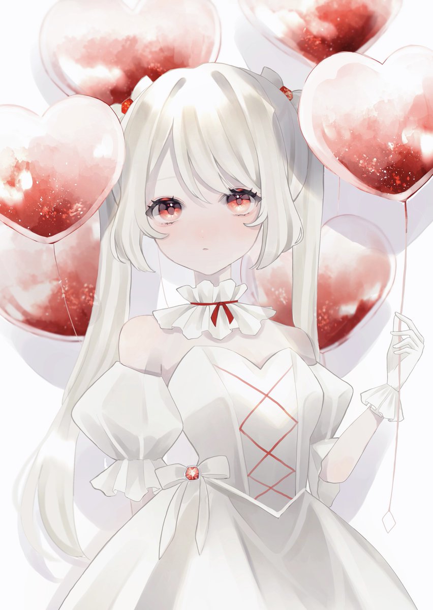 1girl balloon solo dress twintails white hair white dress  illustration images