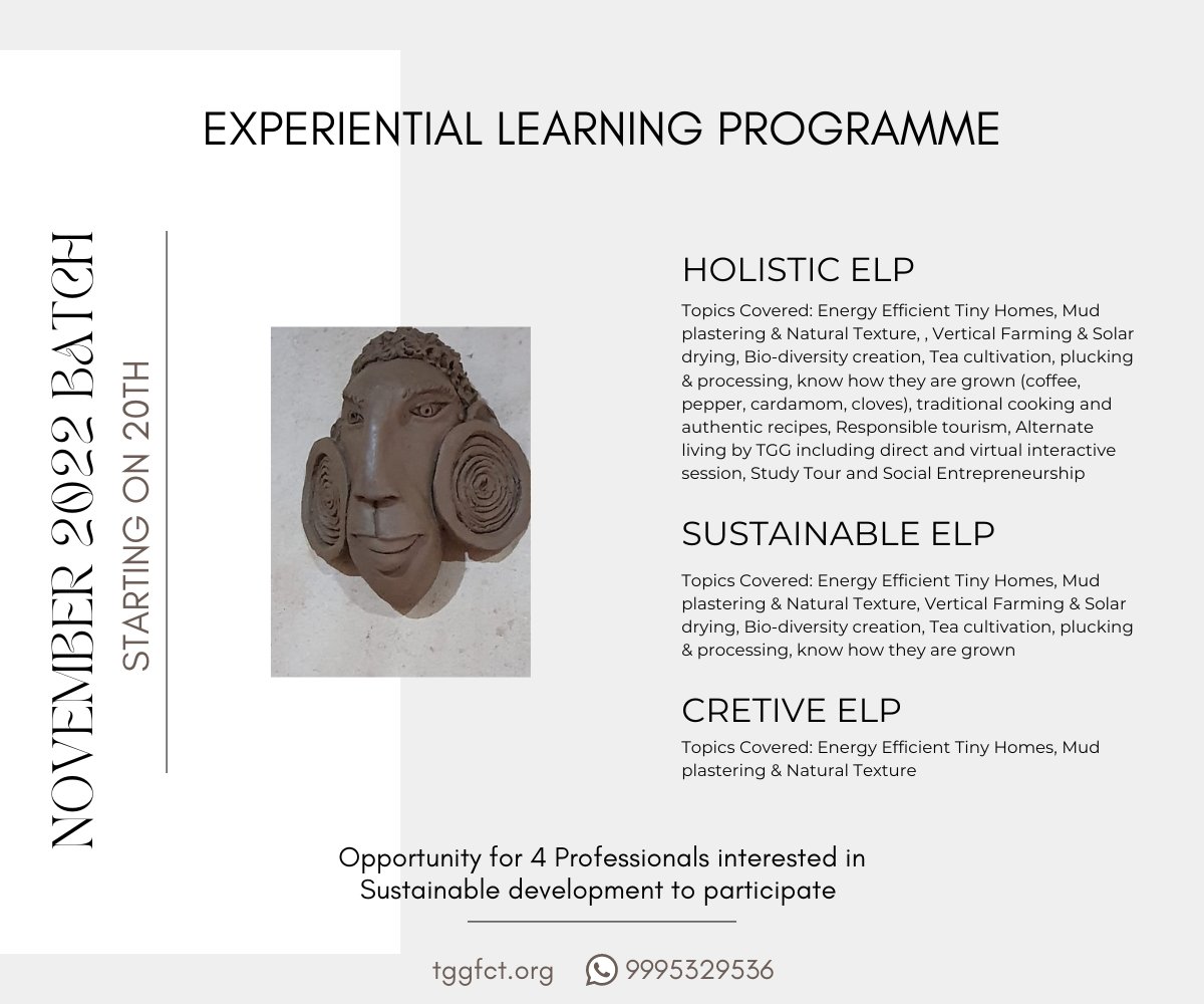 2nd Batch, onsite #ELP starting on 20th Nov.22. Visit tggfct.org/experiential-l… 

#wayanad #ExperientialLearning #bamboocraft #clayart #tinyhome #diy #mudhouse #mudplaster #HeritageVillage #responsibletourism #architecture #sustainablearchitecture #alternativeliving #nomadiclife