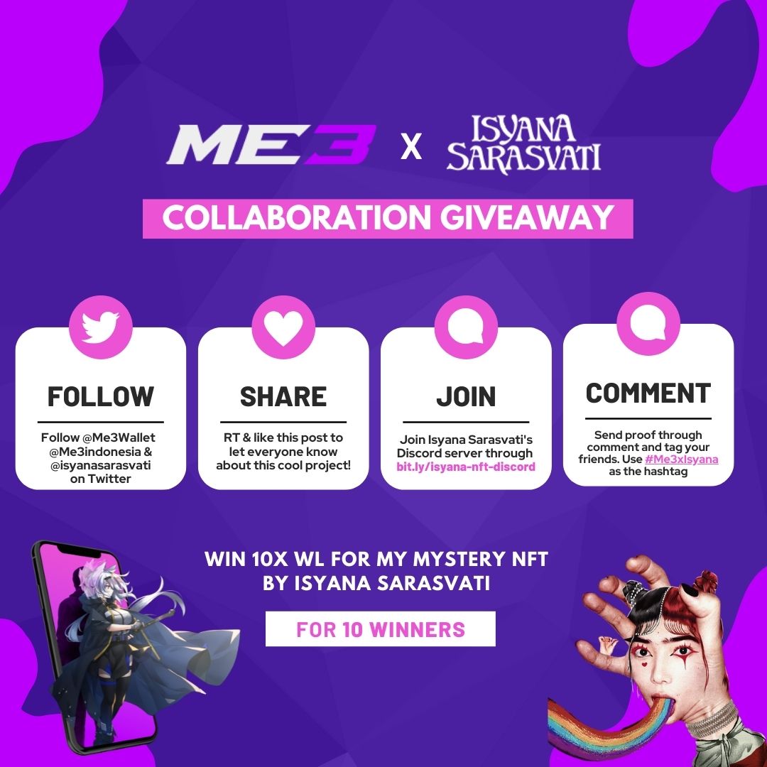 GachaGalaxyHQ's tweet photo. @Me3Wallet x @isyanasarasvati

🎁  10x My Mystery NFT’s WL

-> Follow @Me3Wallet @Me3Indonesia @isyanasarasvati
-> Like🤍 &amp; Retweet🔁
-> Join discord through https://t.co/sesD3rseSF
-> Tag 3 Friends and proof on comment, use #Me3xIsyana

Ends in 24 hours!!

#NFTGiveaways #NFTs https://t.co/Mi9RWo7Dlz