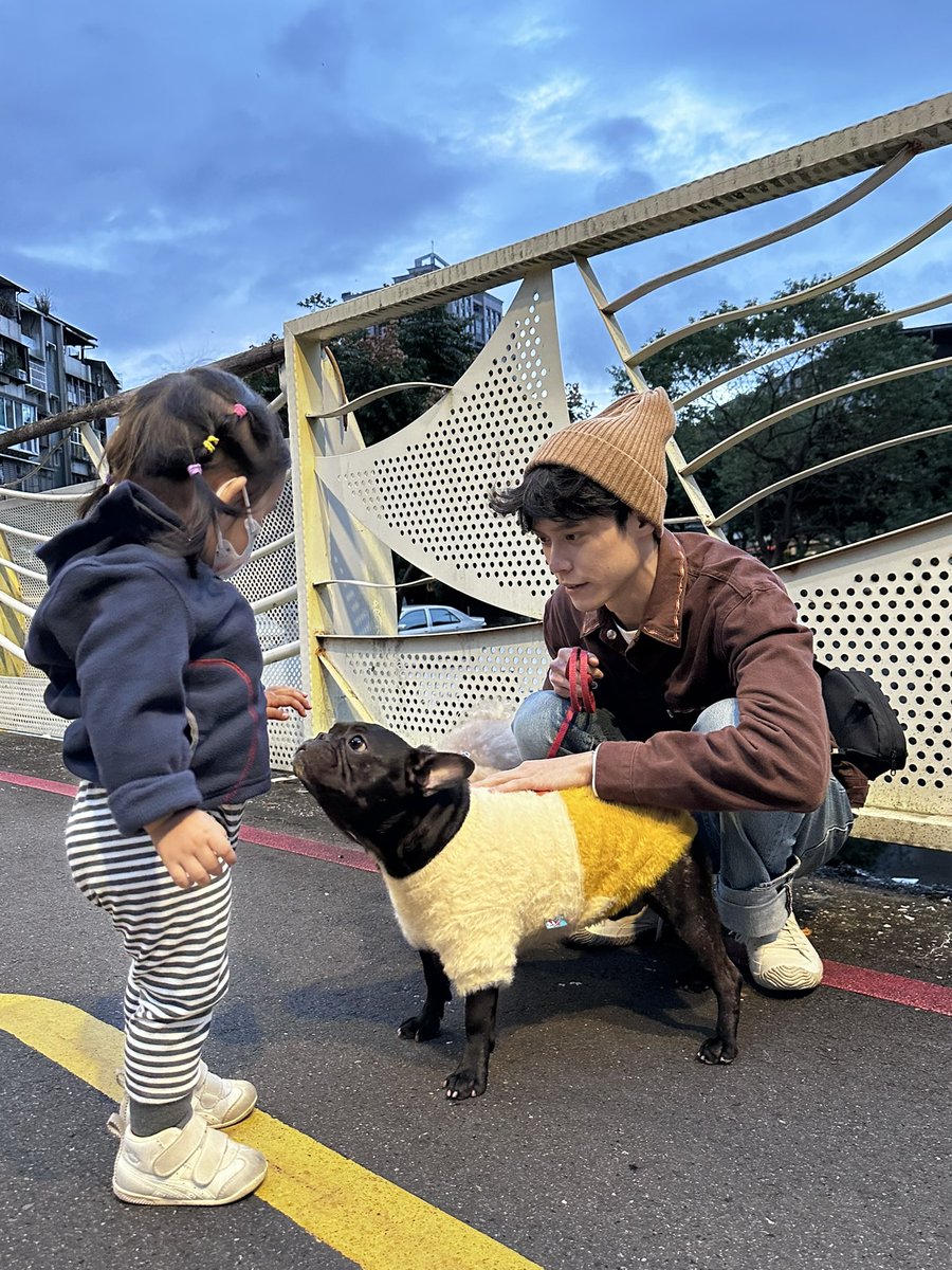 今天家庭聚餐前，涼涼的天氣，帶小檸檬臭小子去散散步（騙他去洗澡剪頭髮），我一直跟他說我現在頭髮捲又穿咖啡色的跟他很像，是親兄弟；
蹦蹦跳跳的他，又交到新朋友了！叫「歐D」他的主人說因為他像黑豬，小檸檬現在看到沒看過的狗，會定格住，好呆，爆衝小檸檬像被按暫停一樣