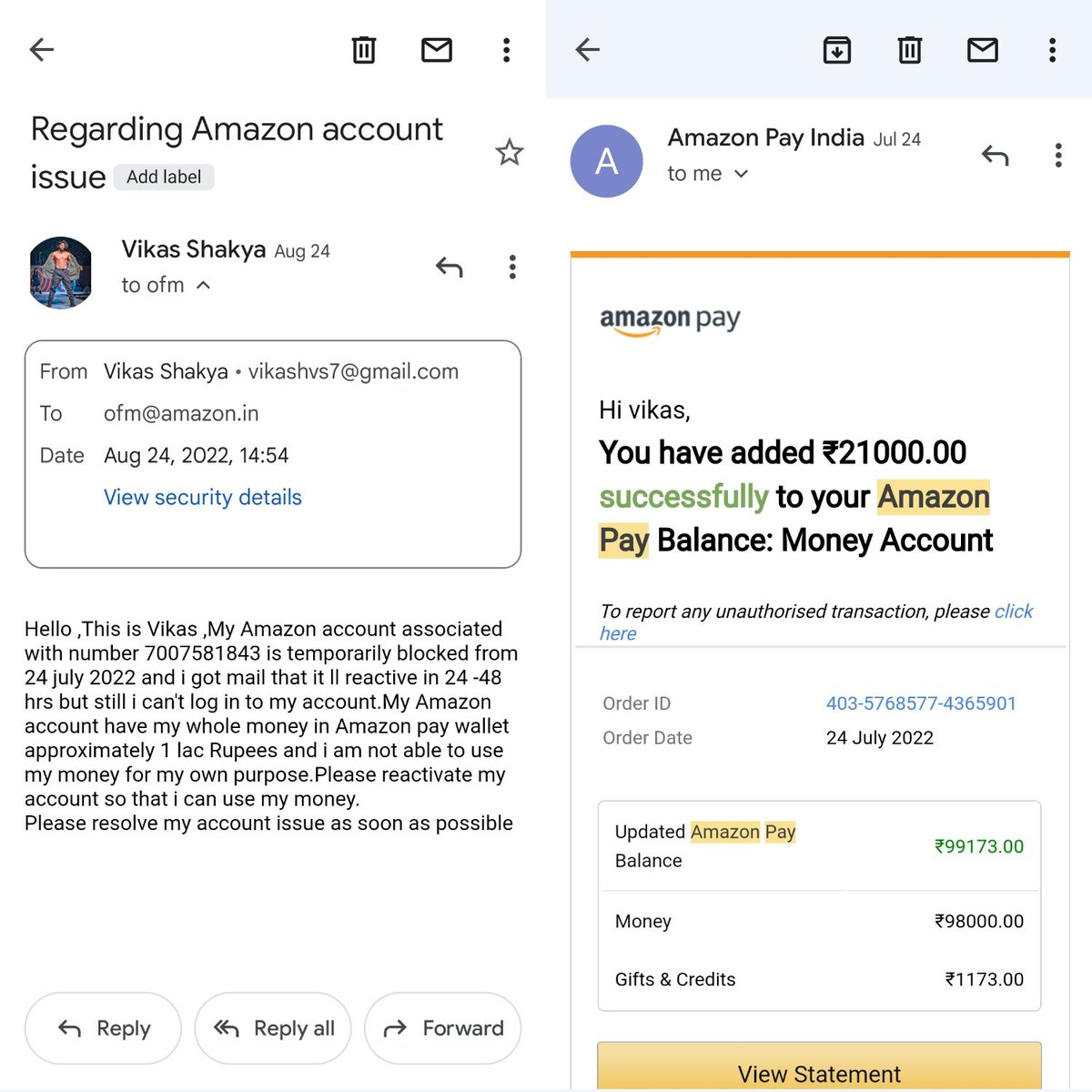 vikashvs7's tweet photo. @amazonIN Customer is begging for own 99173 INR from last 3 months, isn't a kind of cheating??
Contacted numerous times to the customer support @AmazonCare @AmazonHelp
@consumerforum_ 
@ConsumerRights @Cyberdost 
@stufflistings @KaroulSahil @GyanTherapy @utsavtechie @yabhishekhd https://t.co/TB6nKrLeRC