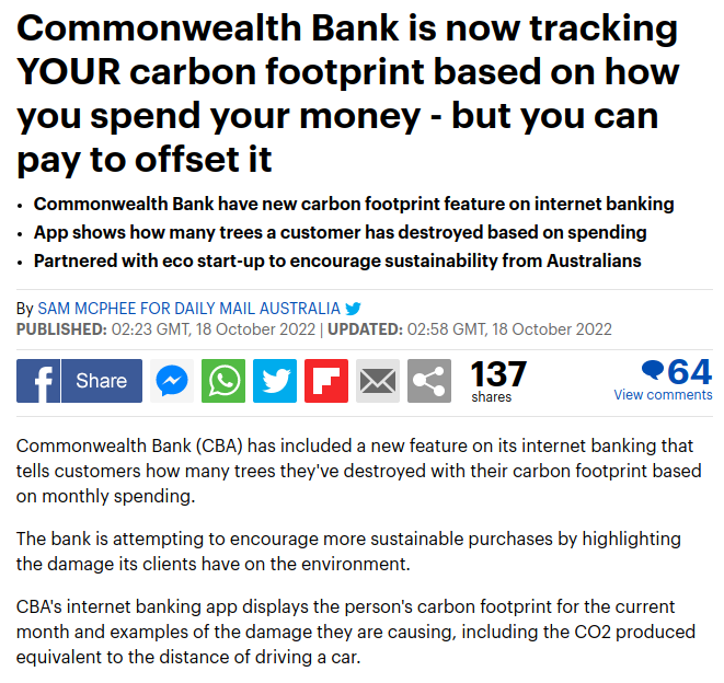 barbouillech's tweet photo. 🧵
Australia - "Bank is now tracking YOUR carbon footprint based on how you spend your money - but you can pay to offset it"
➡️https://t.co/A5Nbke5COd (https://t.co/3WVp13RD6h)

Next step: "Transaction denied: Your quota of [gas,meat,...] for this month has been reached."

#cbdc https://t.co/2lFVCe9JKN