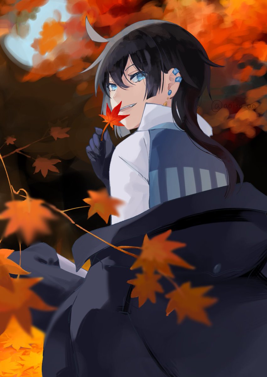 blue eyes black hair solo piercing leaf holding leaf 1boy  illustration images