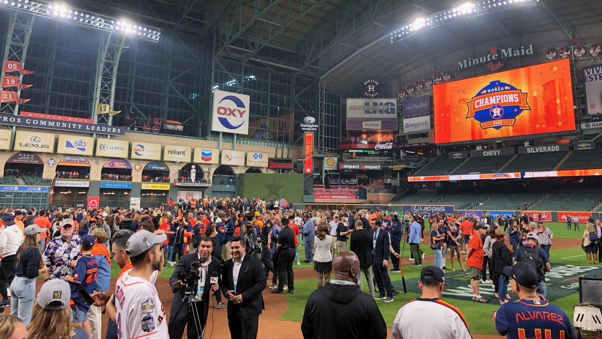 LukeTheVIP's tweet photo. A former #ZTV member filming near home plate during the on-field postgame celebration of the Houston Astros' World Series victory!  They snapped this pic and sent it to me.

If you graduate from the University of Akron, you can do absolutely ANYTHING! https://t.co/MaXuPe0Uvf