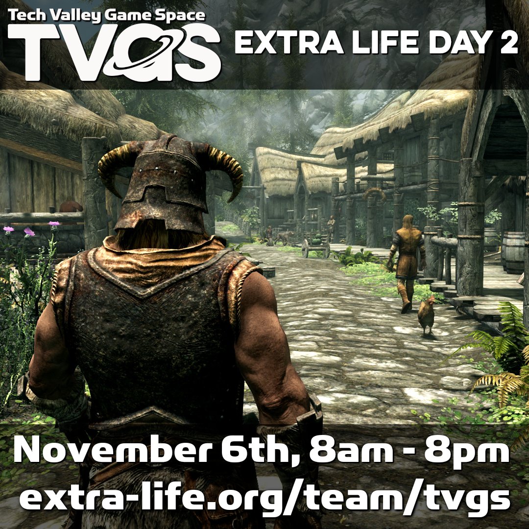 Daylight has been saved, but our quest continues with Day 2 of our Extra Life fundraiser! Tune in now as <a href="/tacopill/">🌮tacopill 🌮</a> plays an obscure indie game called Skyrim.

Follow along at extra-life.org/team/tvgs, where we'll be showcasing livestreams from members of Team TVGS all weekend.