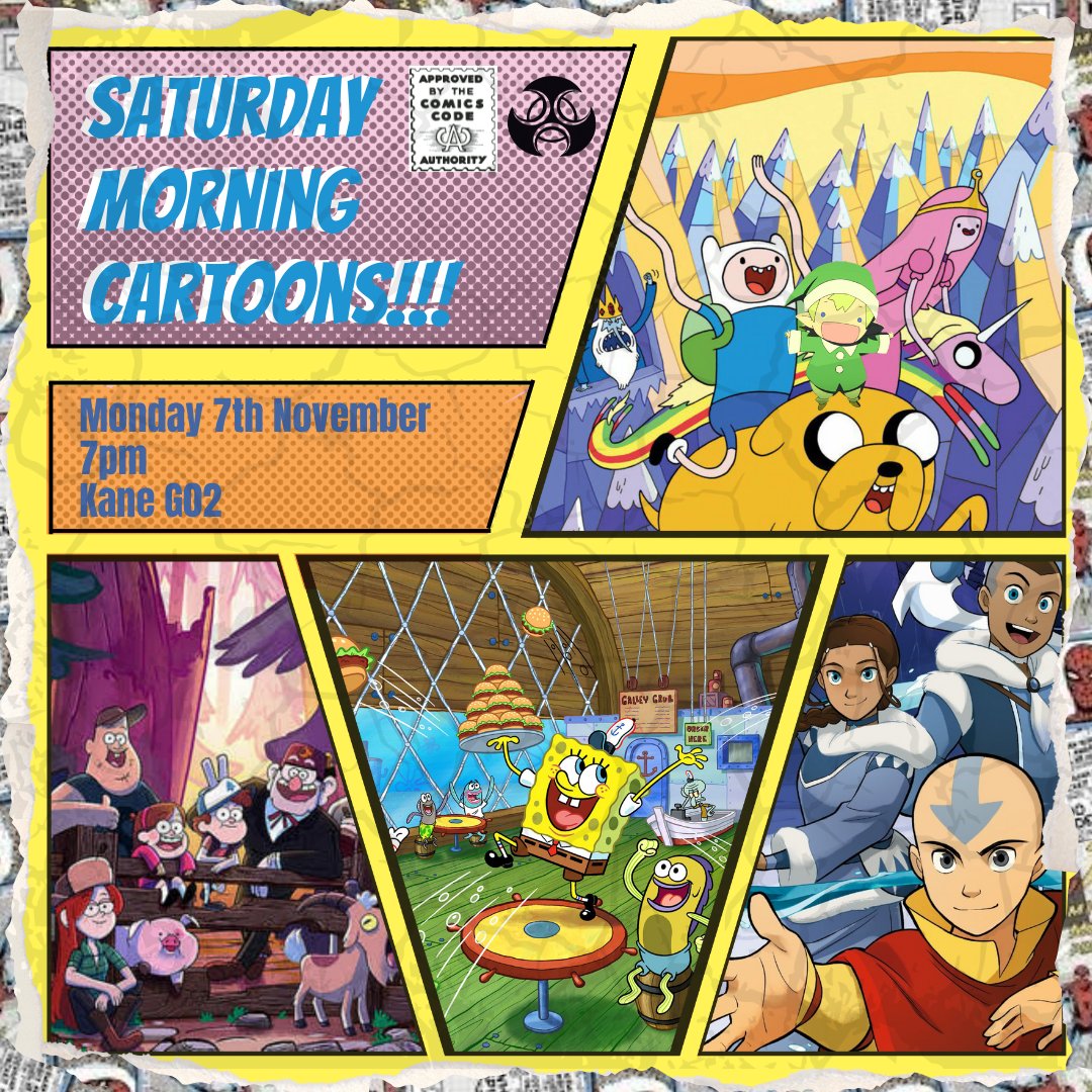 uccscifi's tweet photo. Join us on Monday, the 7th of November, at 7:00PM in Kane G02 for Saturday Morning cartoons. 

Examples of the cartoons being shown are Gravity Falls, Spongebob Squarepants, Adventure Time and many others. 

We look forward to seeing you there for a chill time. https://t.co/3zShbiZRU8
