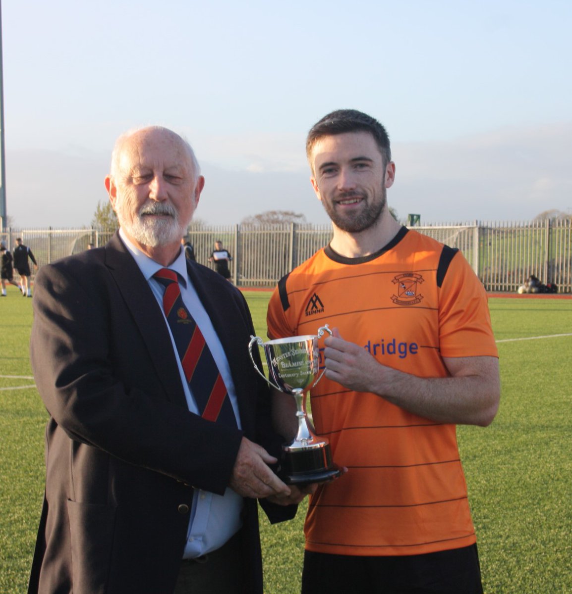 MunsterSenLgue's tweet photo. BEAMISH STOUT SENIOR CENTENARY CUP WINNERS;
COBH WANDERERS:
Photo shows:
Munster Senior League's Sean O'Sullivan presenting the Senior Centenary Cup to Dylan McNamara, captain of Cobh Wanderers and the victorious Cobh Wanderers team. https://t.co/GGV8gIovMr