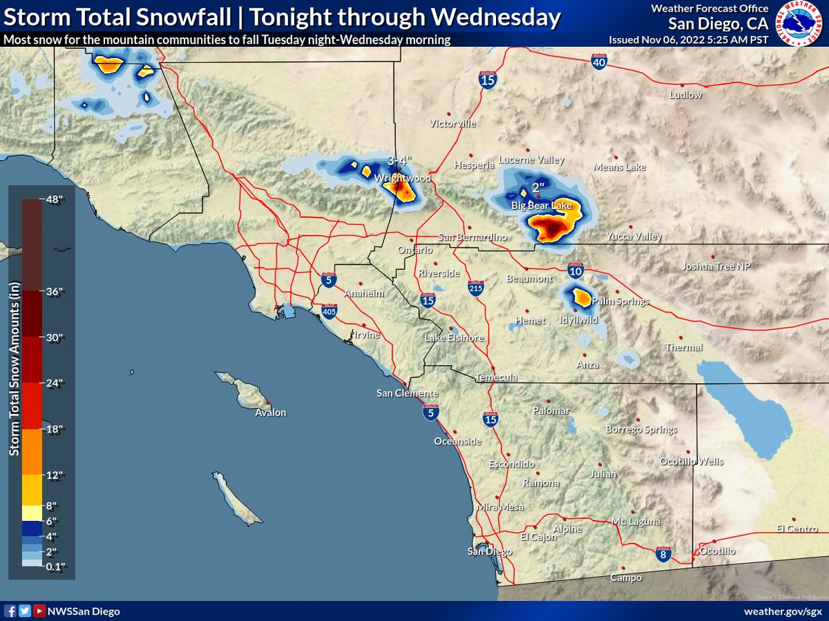 NWSSanDiego's tweet photo. The forecast remains locked in on significant rainfall across #SoCal with the heaviest occurring Tuesday morning-Tuesday night. It looks warmer, so snow totals were lowered quite a bit for the mountain communities. Winds will crank up with the windiest day being Tuesday. #CAwx https://t.co/ast46mRzak