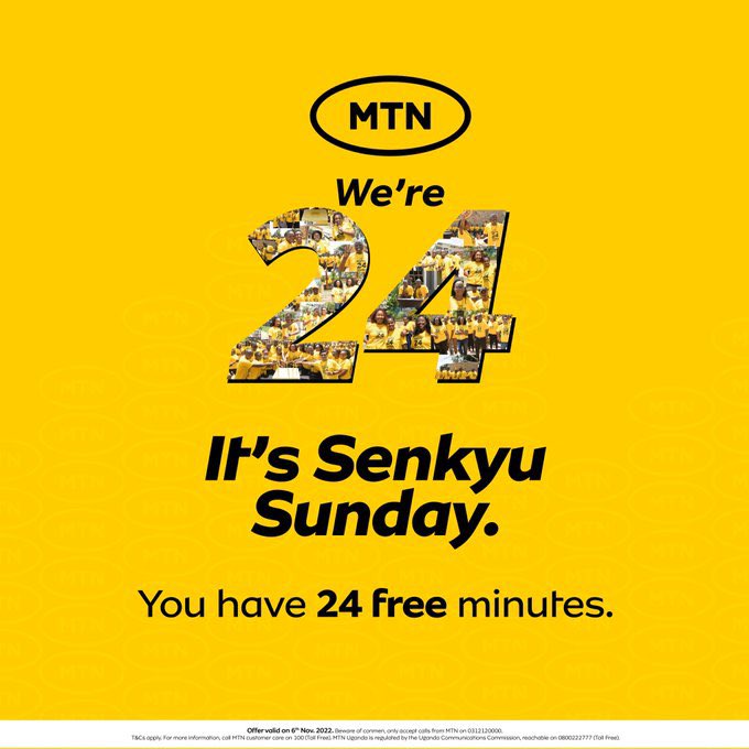 Mugibson's tweet photo. I don’t know about you, but @mtnug is feeling 24 😍🥳
To celebrate their 24th birthday, they’ve given out 24 minutes of talk time to each subscriber.
This is therefore your sign to keep the kaboozi going; courtesy of #SenkyuSunday. 💛🤗 #MTNat24 #SenkyuUganda https://t.co/CWfsnAKjCU