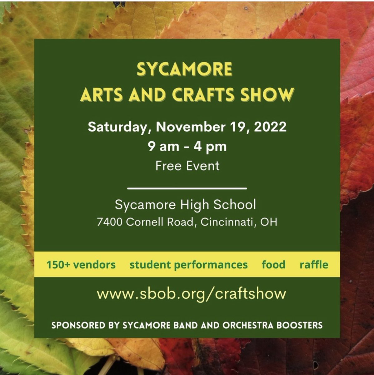 Saturday, November 19 at 9:00 am to go to the Sycamore Arts and Craft Show! Support local artists and makers AND student music programs!  (plus a raffle, food, live music, and bake sale!) <a href="/shs_highschool/">Sycamore High School</a> <a href="/Flightintendent/">Chad Lewis</a> <a href="/SycamoreOrch/">Sycamore Orchestra</a> <a href="/SycamoreSchools/">Sycamore Schools</a> <a href="/sycamorehsband/">Sycamore HS Band</a> <a href="/shsaviators/">shsaviators</a>