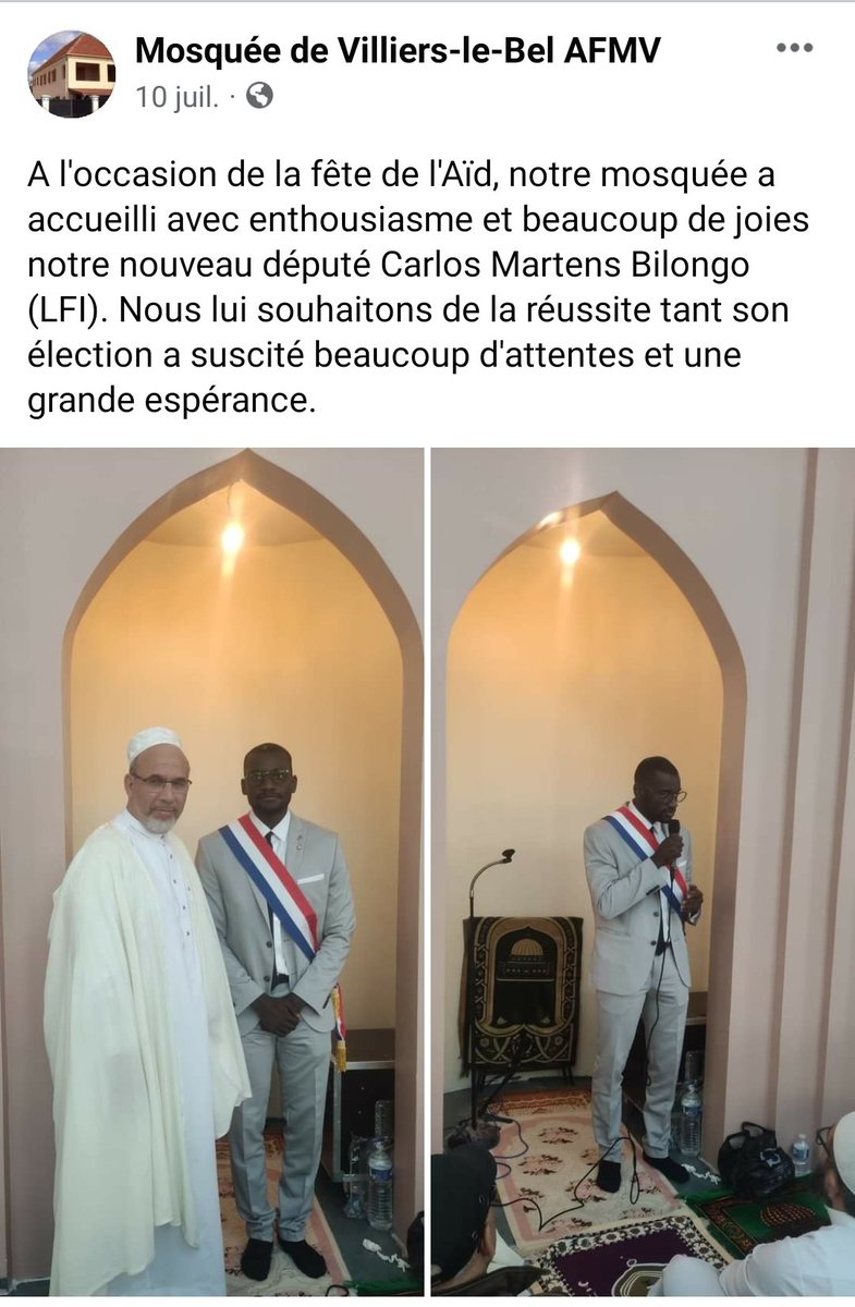 Avec la France insoumise et le député Carlos Martens Bilongo fêtant l'Aïd, en écharpe tricolore, à la mosquée de Villiers-le-Bel, la laïcité est en écharpe !

#Laicite #Lfi
Src : mosquée AFMV (juillet)