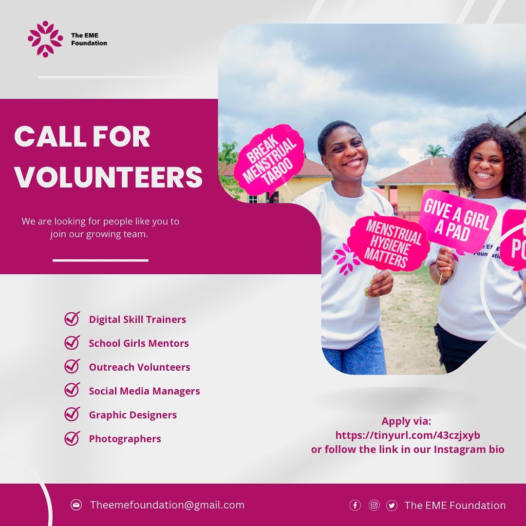 Have you ever considered volunteering? Now is the time!  

@theemefoundation is raising confident girls and want you to be part of the story. 

Join the team of goal-keepers committed to ending period poverty and increasing rural girls’ access to modern skills. 

#AVLMUN