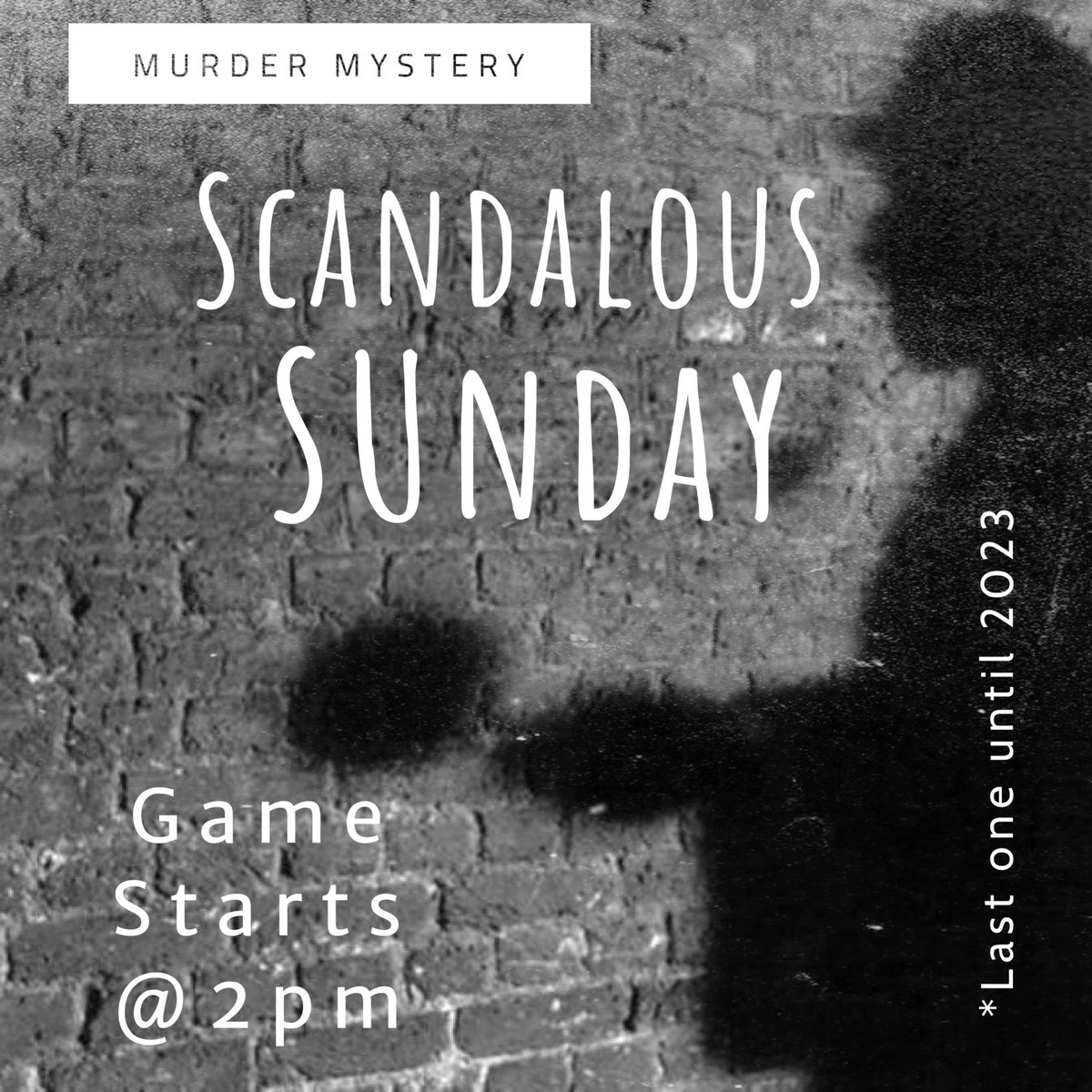 Today is our final 2022 Murder Mystery Game. Join us to determine the real killer. Doors open at noon. Game starts at 2p!