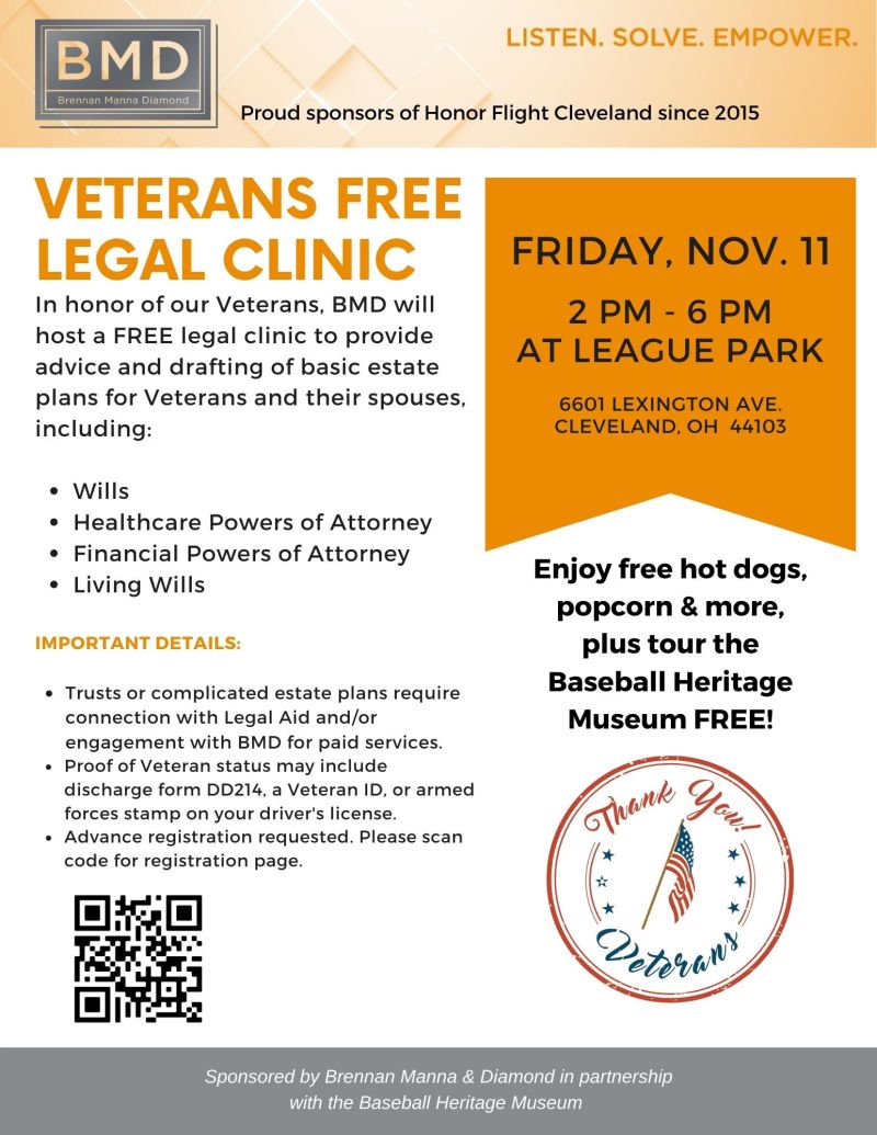 Spread the word! My firm is offering a FREE legal clinic for Veterans from 2 pm to 6 pm next Friday at League Park in Cleveland.  Thank you to all Veterans for your service and sacrifices! lnkd.in/g9MZgbDe
#veteransfreelegal #thankyouforyourservice #bmdfreelegal